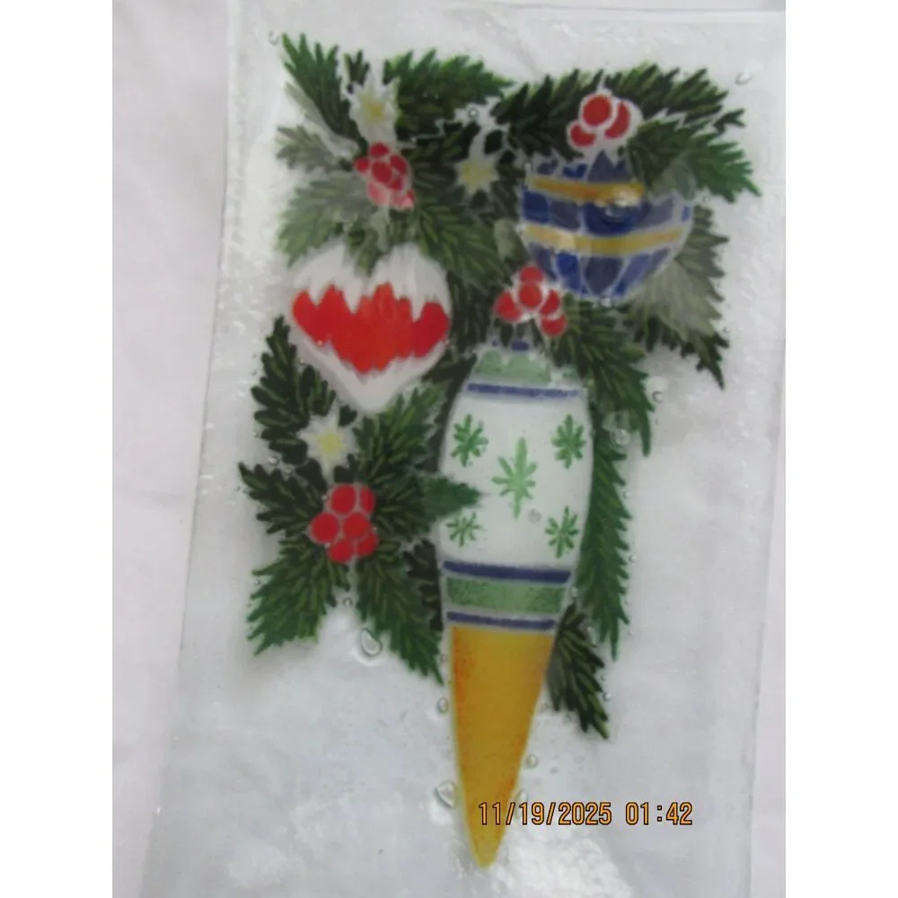 Fuse Glass rectangle plate with ornaments Christmas Tree branches trinkets candy